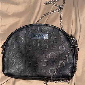 GUESS Black Embossed Logo Crossbody with Silver Chain